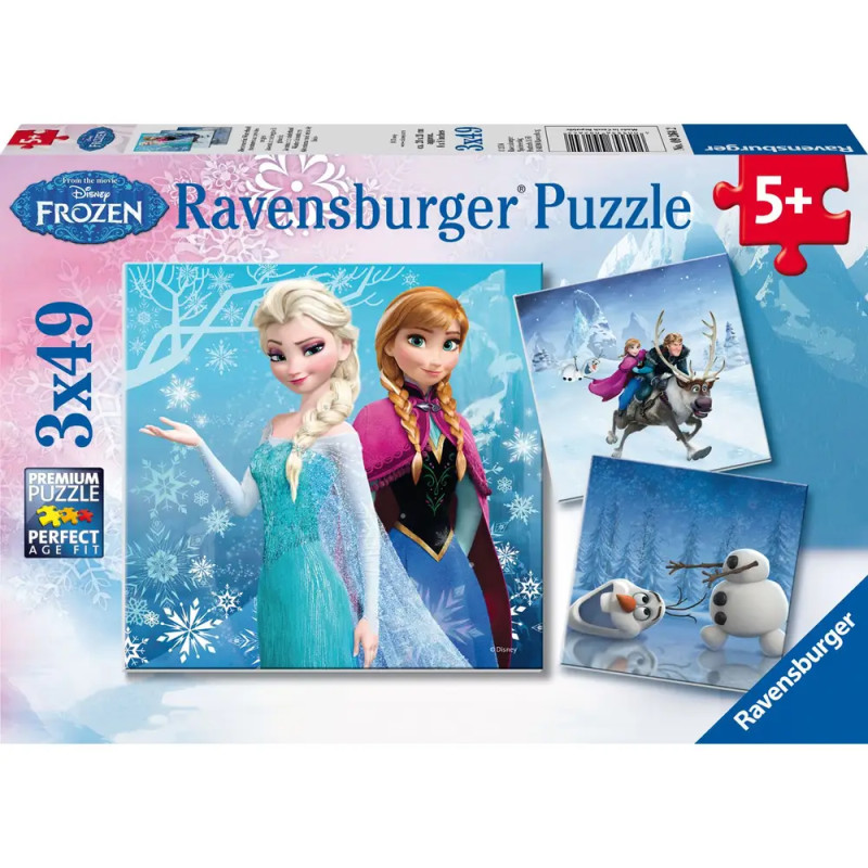 Ravensburger Frozen Puzzle mit Elsa, Anna, Olaf und Sven, Schneeflockenmotiv, geeignet ab 5 Jahren.