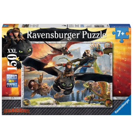 Ravensburger Puzzlebox mit fliegenden Figuren aus Drachenzähmen leicht gemacht und 150 Teile Hinweis.