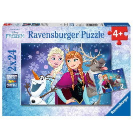 Ravensburger 9074 Frozen Nordlichter Puzzle, 2x24 Teile, ab 4 Jahren. Elsa, Anna, Olaf & Sven auf der Schachtel.