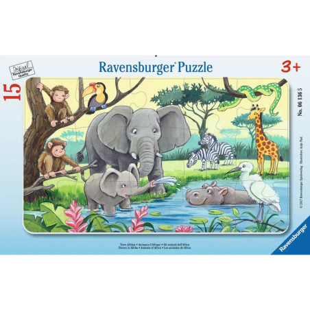 Cartoon-Dschungeltiere wie Elefant, Nilpferd, Zebra und Affe versammeln sich am Teich in einem Kinderpuzzle.