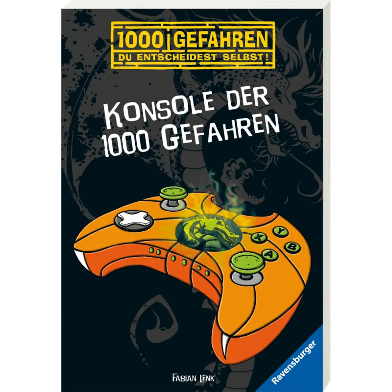 Buchcover mit leuchtendem, orangefarbenem Gamecontroller und dem Titel Konsole der 1000 Gefahren in Weiß.