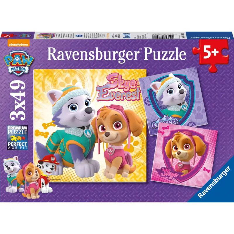 Ravensburger PAW Patrol Puzzlebox mit Skye und Everest, enthält drei 49-teilige Puzzles, ab 5 Jahren.