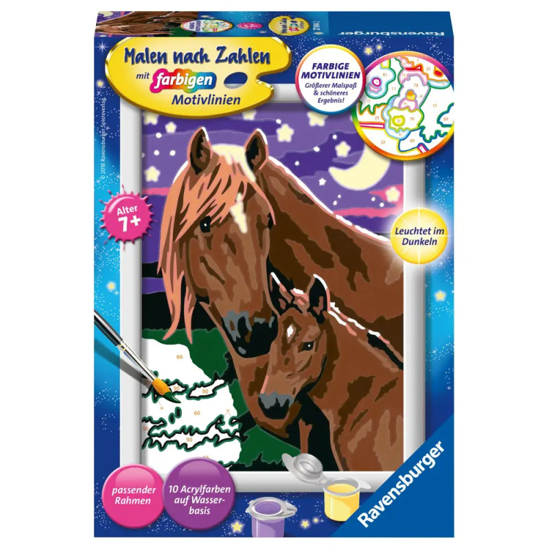 Malen-nach-Zahlen-Set mit Pferd und Fohlen vor lila-grünem Hintergrund, geeignet für Kinder ab 7 Jahren.