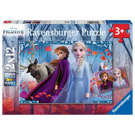 Ravensburger Frozen II Puzzle ab 3 Jahren mit Anna, Elsa, Olaf und Sven in einer Waldszene.