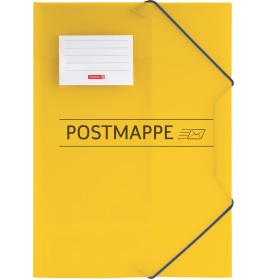 Gelber Ordner mit POSTMAPPE-Aufschrift, schwarzen Gummibändern und weißem Etikett oben links.