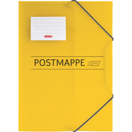 Gelber Ordner mit POSTMAPPE-Aufschrift, schwarzen Gummibändern und weißem Etikett oben links.
