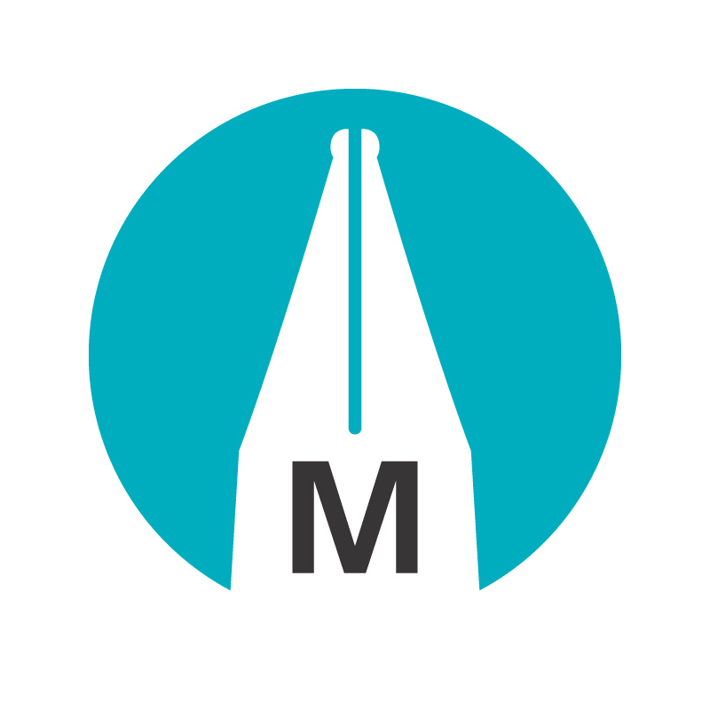 Ein türkisfarbener Kreis mit weißer Füllfeder und einem schwarzen, fetten M am unteren Ende der Feder.