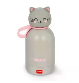 Graue Trinkflasche mit katzenförmigem Deckel, pinken Akzenten und MEOW-Schriftzug auf der Vorderseite.