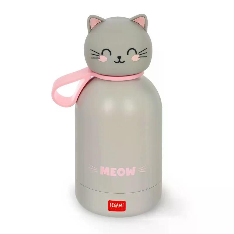 Graue Trinkflasche mit katzenförmigem Deckel, pinken Akzenten und MEOW-Schriftzug auf der Vorderseite.