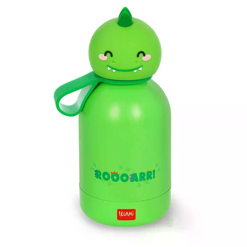 Grüne Trinkflasche mit niedlichem Dinosauriergesicht, ROOARR!-Schriftzug und Legami-Logo am Boden.