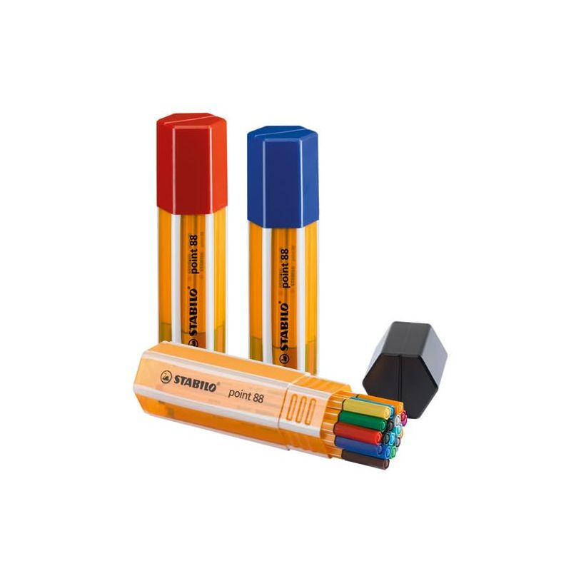 Drei Behälter STABILO point 88 Fineliner, einige bunte Stifte liegen außerhalb der Verpackung.