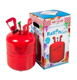 Roter Heliumtank mit bunter Box zum Aufblasen von Ballons, beschriftet mit Balloon Gas und Party Factory.