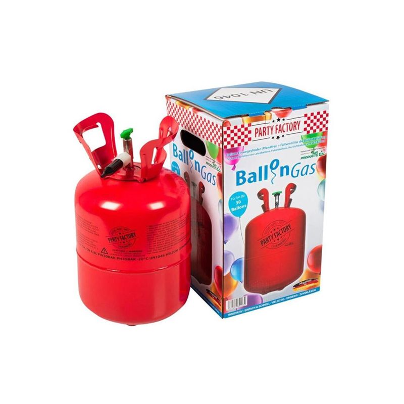 Roter Heliumtank mit bunter Box zum Aufblasen von Ballons, beschriftet mit Balloon Gas und Party Factory. Roter Heliumtank mit bunter Box zum Aufblasen von Ballons, beschriftet mit Balloon Gas und Party Factory.