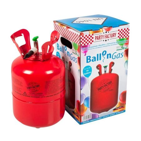 Roter Heliumtank mit bunter Box zum Aufblasen von Ballons, beschriftet mit Balloon Gas und Party Factory.