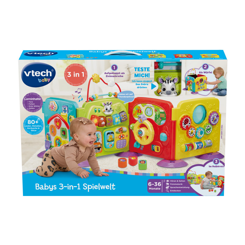 Verpackung des VTech Baby 3-in-1 Spielwelt-Spielzeugs mit Baby, das mit bunten, interaktiven Tafeln spielt.