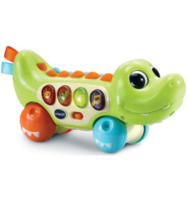 Bunter Spielzeug-Alligator auf Rädern mit großen Augen, Leuchtknöpfen und Musikfunktion für Kinder.