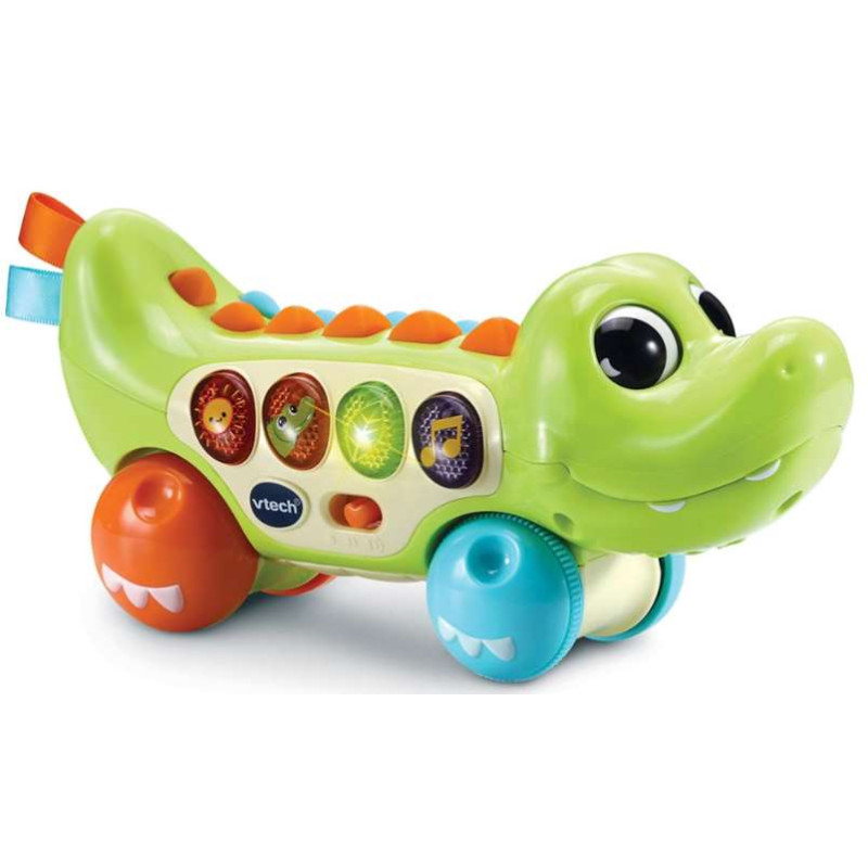Bunter Spielzeug-Alligator auf Rädern mit großen Augen, Leuchtknöpfen und Musikfunktion für Kinder.