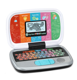 Buntes Kinder-Laptop mit STEAM-Symbolen und Bildschirm, der ein Dinosaurierskelett zeigt.