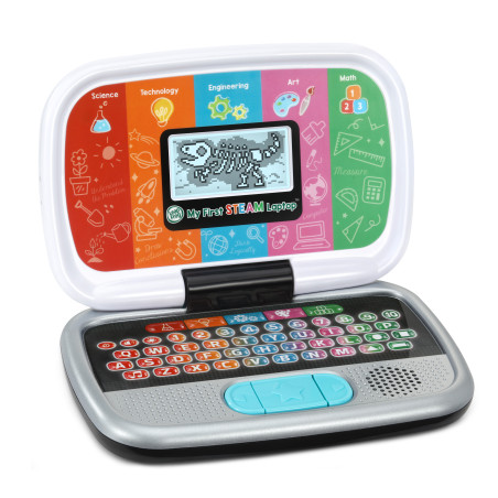 Buntes Kinder-Laptop mit STEAM-Symbolen und Bildschirm, der ein Dinosaurierskelett zeigt.