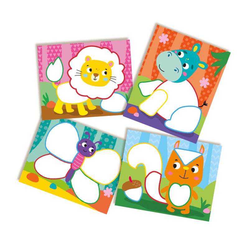 Vier bunte Cartoon-Tiere - Löwe, Nilpferd, Schmetterling und Eichhörnchen - auf farbigen Hintergründen.