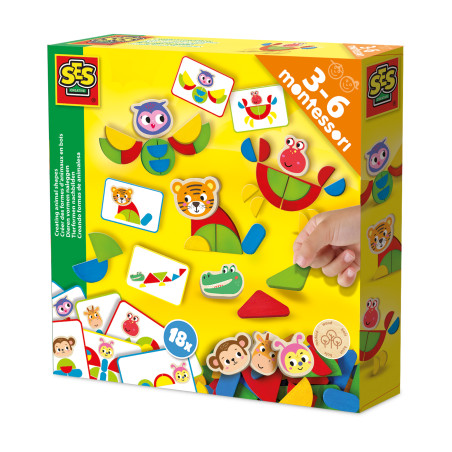 Gelbe SES-Spielbox mit Tierpuzzles und Karten, empfohlen für Kinder von 3-6 Jahren im Montessori-Stil.