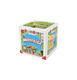 BrainBox Weltreise Spielbox mit bunten Weltreise-Illustrationen auf weißem Hintergrund.