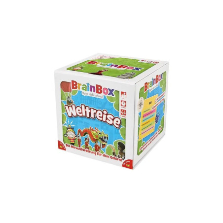 BrainBox Weltreise Spielbox mit bunten Weltreise-Illustrationen auf weißem Hintergrund.