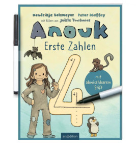 Kinderbuchcover mit Tieren, einem Mädchen, einer großen Zahl 4 und einem schwarz-weißen abwischbaren Stift.