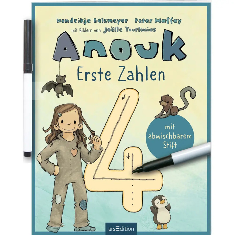 Kinderbuchcover mit Tieren, einem Mädchen, einer großen Zahl 4 und einem schwarz-weißen abwischbaren Stift.