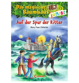 Zwei Kinder winken einem Ritter auf dem Pferd nahe einer Burg; deutscher Buchumschlag mit Bäumen und Baumhaus.