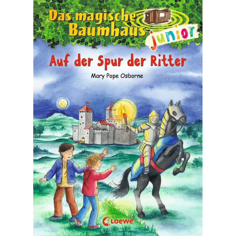Zwei Kinder winken einem Ritter auf dem Pferd nahe einer Burg; deutscher Buchumschlag mit Bäumen und Baumhaus.