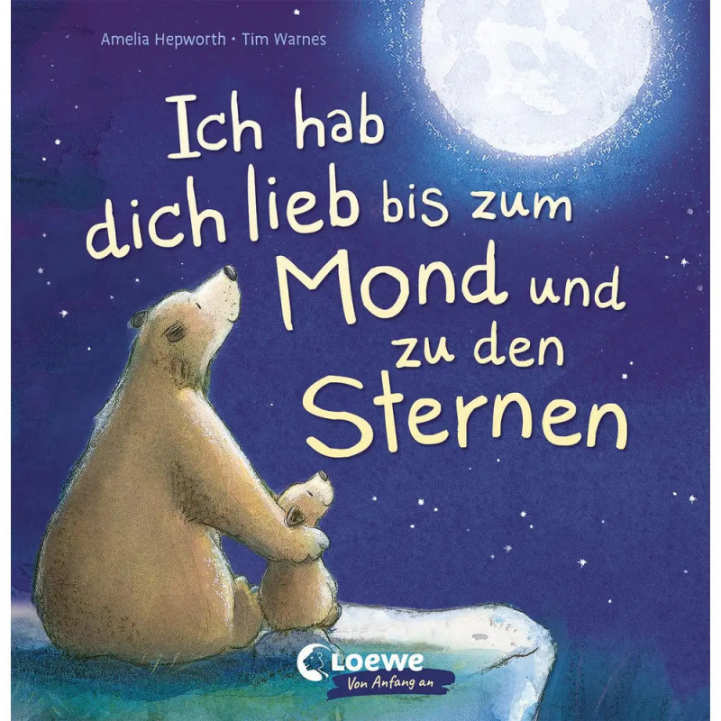 Zwei Bären sitzen nachts auf einem Hügel und blicken zum Mond, darüber steht deutscher Text am Himmel.