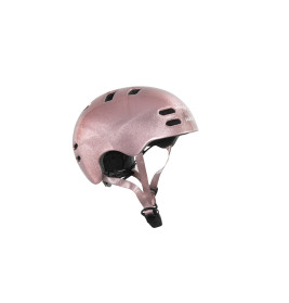 Rosafarbener Fahrradhelm mit Belüftungslöchern und verstellbarem Kinnriemen vor weißem Hintergrund.