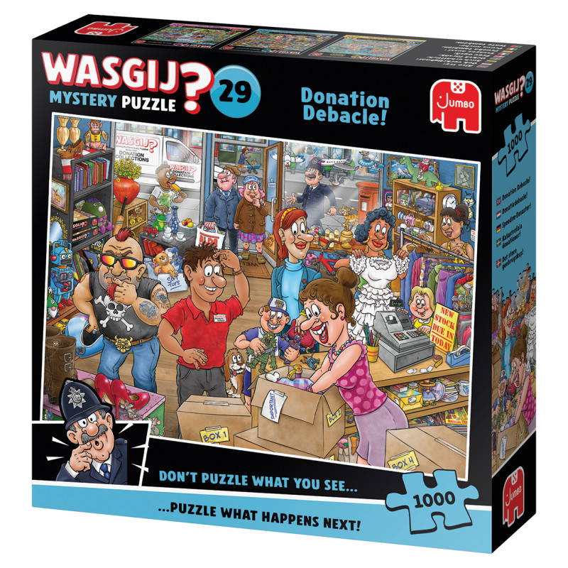 Eine bunte Puzzlebox zeigt eine humorvolle, belebte Trödelladen-Szene mit Comicfiguren und diversen Gegenständen. Eine bunte Puzzlebox zeigt eine humorvolle, belebte Trödelladen-Szene mit Comicfiguren und diversen Gegenständen.
