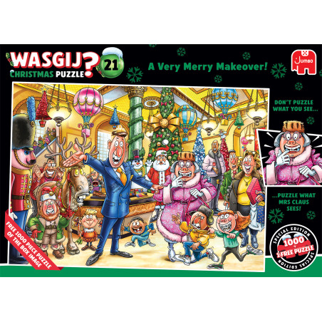 Cartoonhafte Weihnachtsszene mit festlich gekleideten Menschen, Spielzeug, Dekorationen und einem geschmückten Baum.