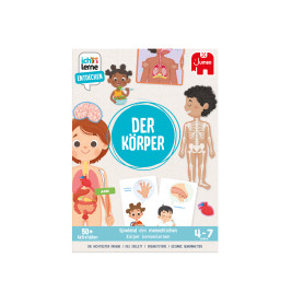 Deutsche Lernspiel-Box mit Illustrationen von Körperteilen, Karten und dem Titel Der Körper.