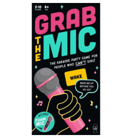 Spielschachtel mit "Grab the Mic", Schaumstoffmikrofon und bunten Grafiken für ein Karaoke-Partyspiel.