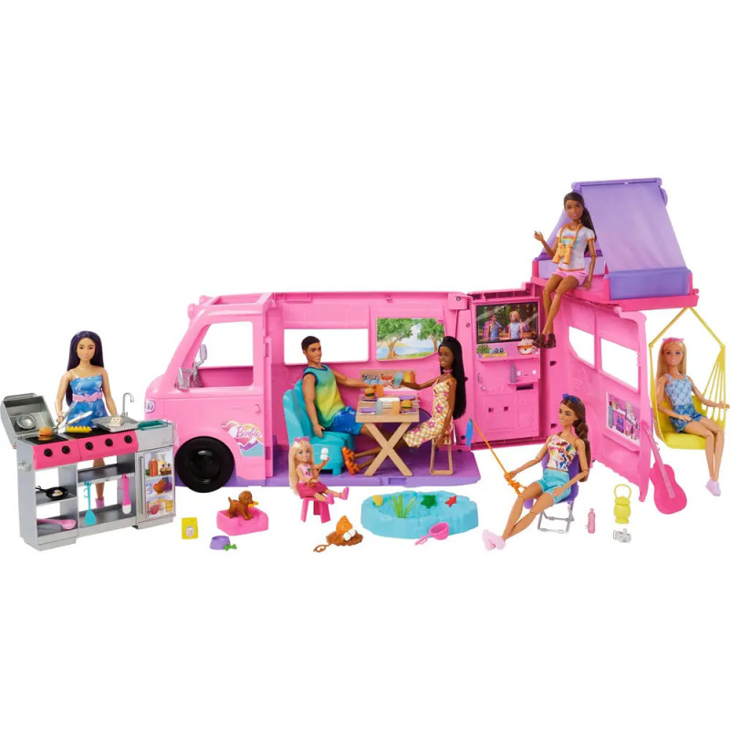 Barbie-Puppen mit pinkem Wohnmobil-Spielset und Zubehör wie Grill, Pool und Tisch.