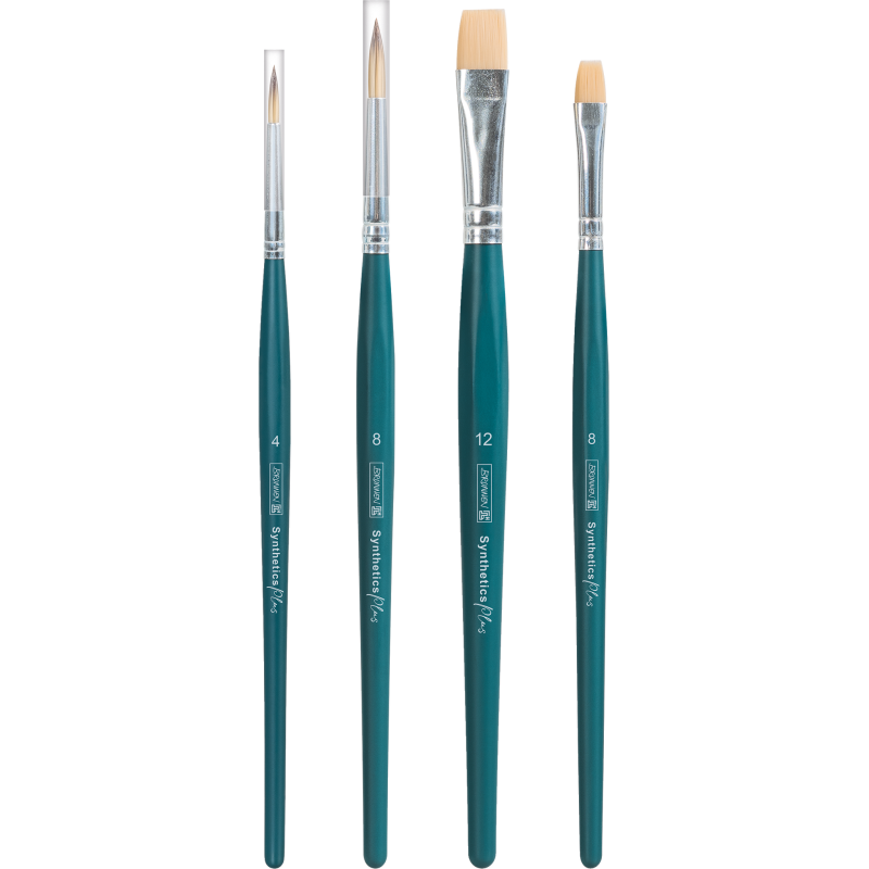 Vier türkisfarbene Pinsel unterschiedlicher Größe und Form liegen vertikal auf weißem Hintergrund.
