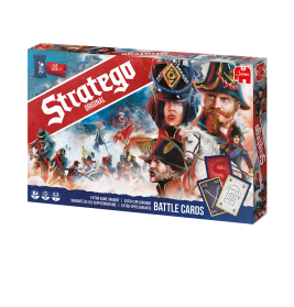 Stratego-Spielschachtel mit Illustrationen von Soldaten, Kriegsszenen und zwei Spielkarten auf der Vorderseite.