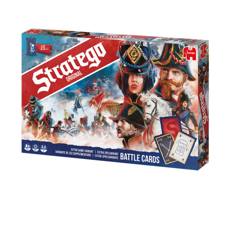 Stratego-Spielschachtel mit Illustrationen von Soldaten, Kriegsszenen und zwei Spielkarten auf der Vorderseite.