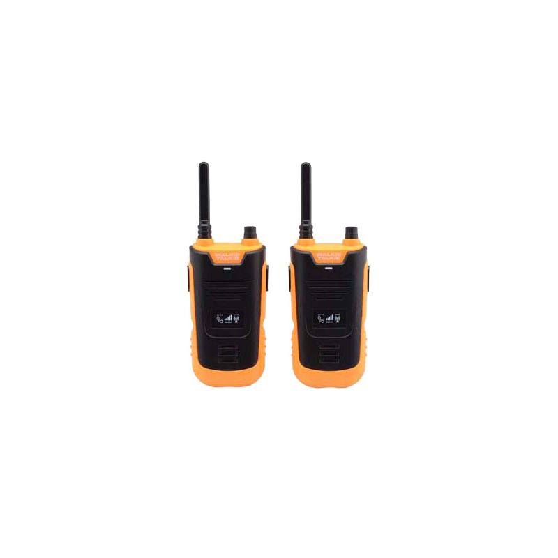 Zwei orange-schwarze Walkie-Talkies mit Antennen stehen nebeneinander auf weißem Hintergrund.