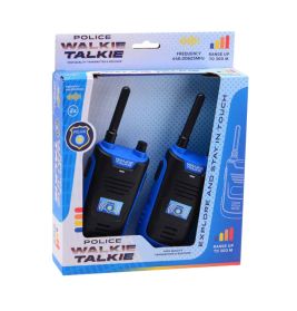 Zwei blaue und schwarze Spielzeug-Polizeifunkgeräte in Verpackung mit der Aufschrift Police Walkie Talkie.