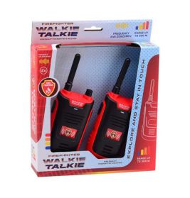 Zwei rot-schwarze Feuerwehr-Walkie-Talkies in einer blau-roten Box mit Produktinfos.