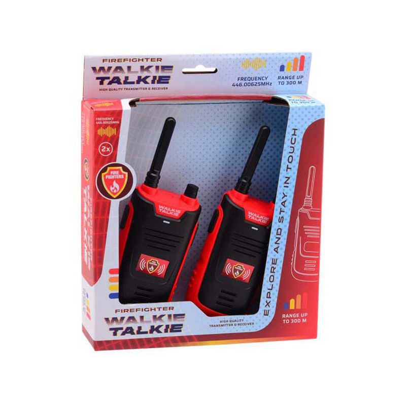 Zwei rot-schwarze Feuerwehr-Walkie-Talkies in einer blau-roten Box mit Produktinfos.