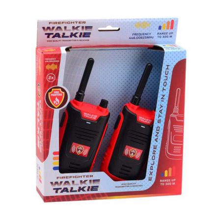 Zwei rot-schwarze Feuerwehr-Walkie-Talkies in einer blau-roten Box mit Produktinfos.