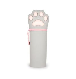 Graues und pinkes Katzenpfoten-Etui mit Reißverschluss und Handschlaufe.