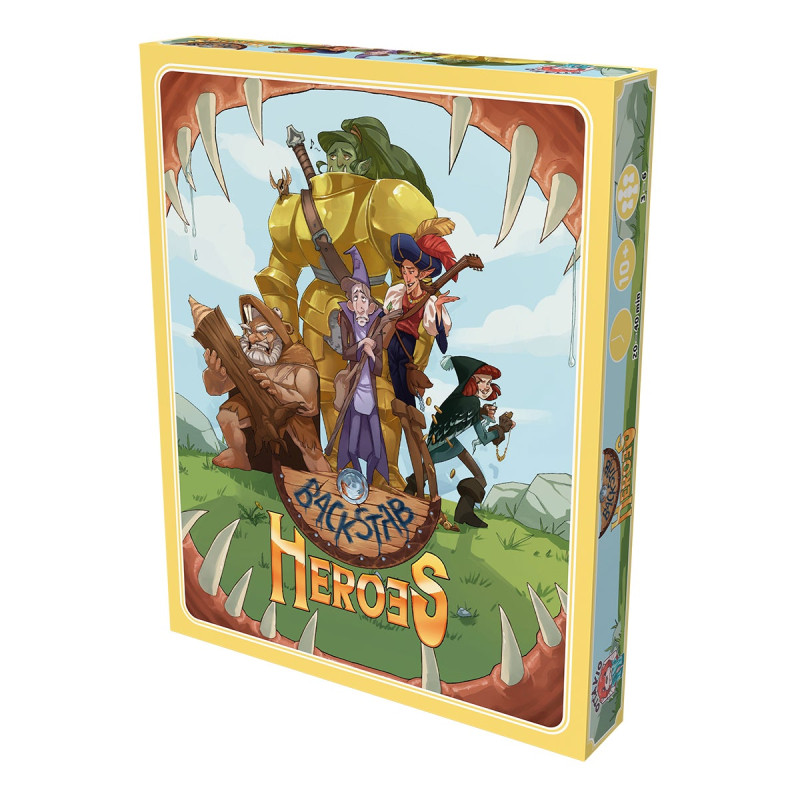 Bunte Spieleschachtel von Backstab Heroes mit Fantasy-Figuren, die von Monstermäulern umgeben sind.