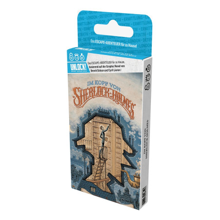 Boxspiel Im Kopf von Sherlock Holmes mit illustrierter Sherlock-Silhouette und Gebäuden auf dem Cover.