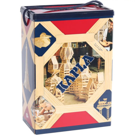 Kapla Bauklötze-Box mit Fotos von Bauwerken und Menschen, die mit den Klötzen bauen.